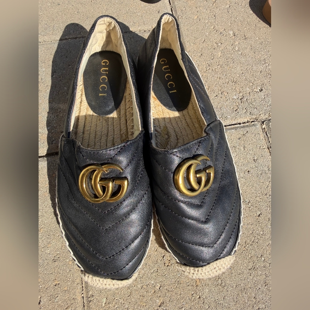 Gucci Black Leather Espadrilles with Gold Accents
